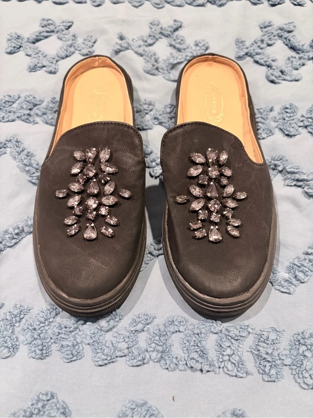 Joyfolie Black Jeweled Slip-On Mules
